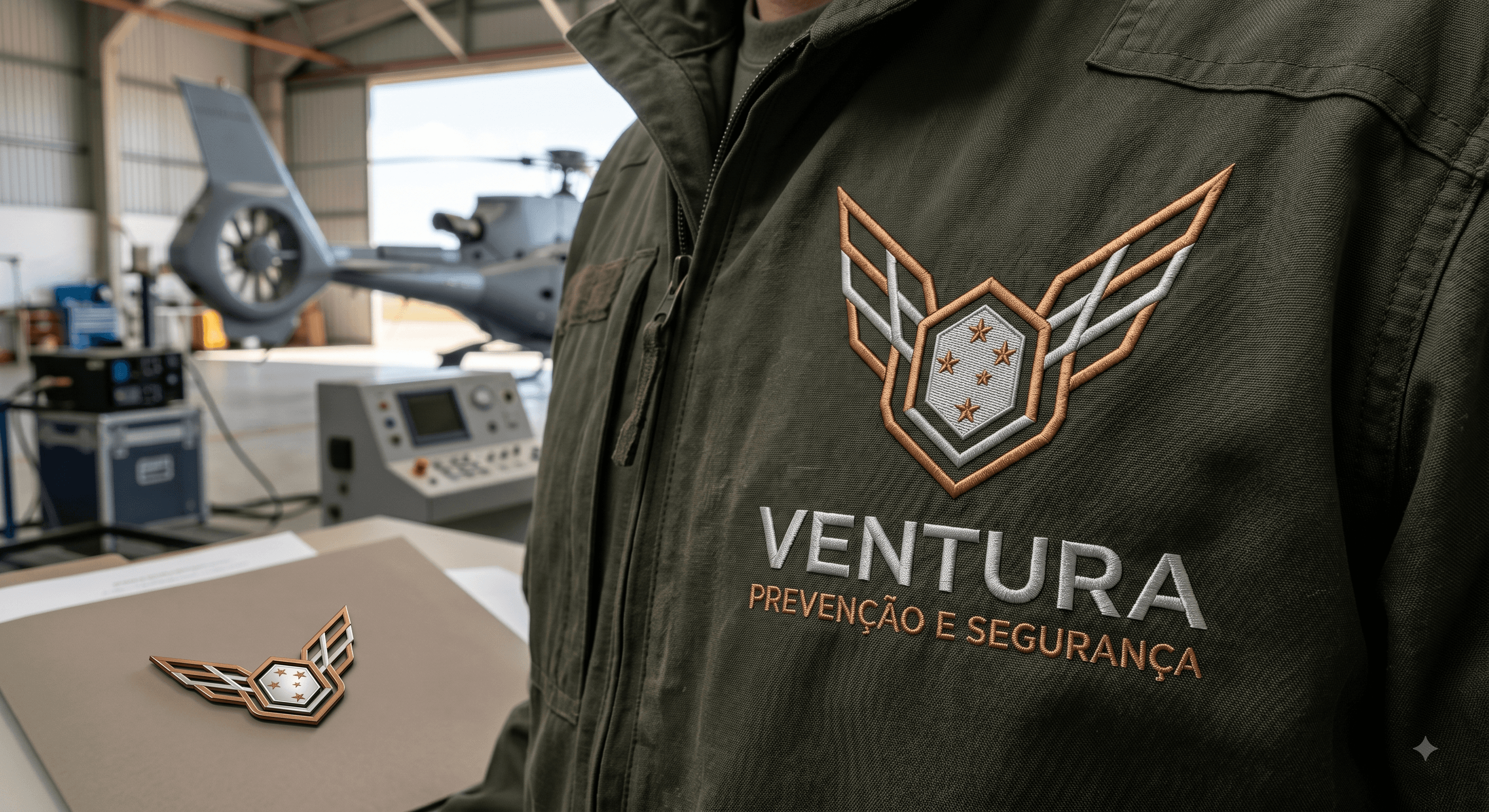 Farda com o símbolo da Impruvium, em hangar de aeronave